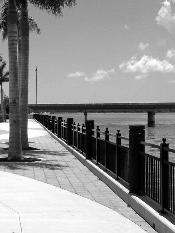 The Harborwalk seawall and railing along the Peace River in Punta Gorda